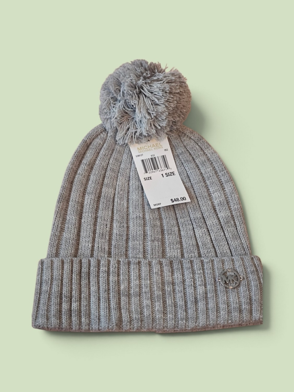 Michael Kors Women' Light Gray Ribbed Pom-Pom Beanie